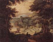 unknow artist a wooded landscape with a hunting party at the edge of a lake,a castle beyond oil